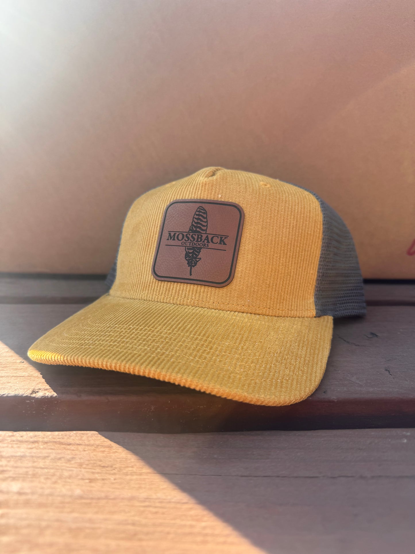 Corduroy/ Mesh-back Leather Patch Hat (Yellow/Grey)